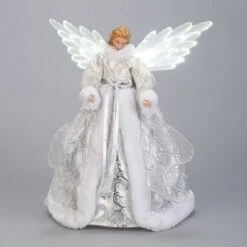 Roman 18” LED Silver And White Christmas Angel Tree Topper With Battery Operated Motion Wings
