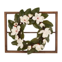 Magnolia Floral Artificial Christmas Wreath With Rectangular Window Frame - 24-Inch, Unlit