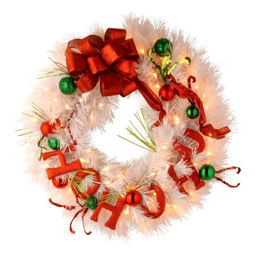 Christmas Central 24" Pre-Lit Decorative Collection Ho Ho Ho Artificial Christmas Wreath – Warm White LED Lights 3 Christmas Central 24" Pre-Lit Decorative Collection Ho Ho Ho Artificial Christmas Wreath – Warm White LED Lights