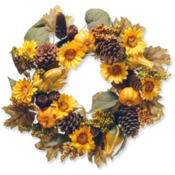 Pumpkins And Sunflowers Artificial Floral Wreath, Yellow 22-Inch