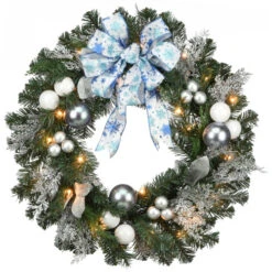Christmas Central Pre-Lit Artificial Christmas Wreath With Ornaments - 32-Inch, Clear Lights