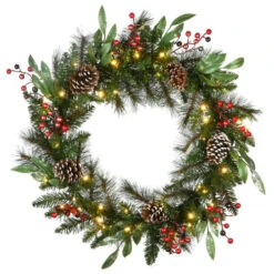 30" Pre-Lit Frosted Pine Berry Artificial Christmas Wreath - LED Lights Battery Operated