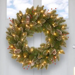 Christmas Central Pre-Lit Frosted Mountain Spruce Artificial Christmas Wreath, 24-Inch, White Lights -Northlight Shop dnat glm1 300 24w b1 3 38444.1664293520
