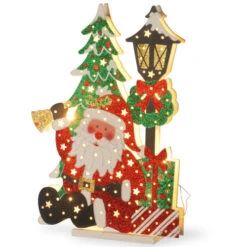 17.5" Red And Green Prelit Santa With Bell Outdoor Christmas Decor