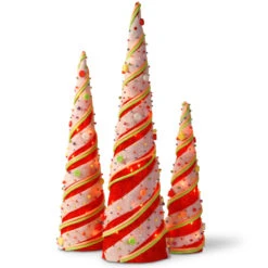 Set Of 3 Red And Beige Pre-Lit Cones Christmas Decor 39.25"
