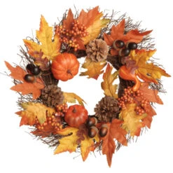 Christmas Central Pumpkins And Maple Leaves Halloween Wreath, Orange And Yellow 16-Inch