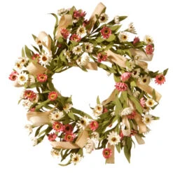 22" Pink And White Floral Wreath With Canvas Ribbon Accents