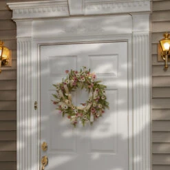 22" Pink And White Floral Wreath With Canvas Ribbon Accents -Northlight Shop dnat ras cdf62102 1 4 67101.1631812641