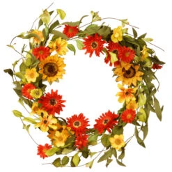 Floral Artificial Wreath With Sunflower And Orange/Yellow Mixed Flowers - 20-Inch