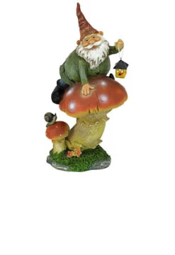 14" Lantern Gnome Atop A Mushroom Garden Statue