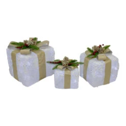 3pc Clear And Gold Super Bright LED Lights Christmas Gift Boxes With Bows 10"