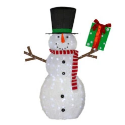 74" White LED Lighted Fluffy Glitter Snowman With Present Outdoor Christmas Figurine