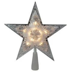 Kurt Adler 11" Lighted Silver Star With Cut-Out Design Christmas Tree Topper - Clear Lights