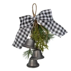 Melrose 13" Black And White Gingham Tie With Bells Christmas Door Hanger