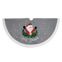 48" Gray And White Traditional Happy Santa Christmas Tree Skirt