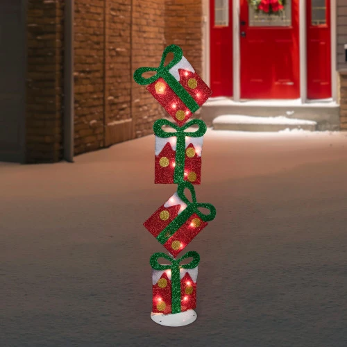 Northlight 44" Lighted Red Tinsel Stacked Gift Boxes Outdoor Christmas Decoration 4 Northlight 44" Lighted Red Tinsel Stacked Gift Boxes Outdoor Christmas Decoration - Image 2