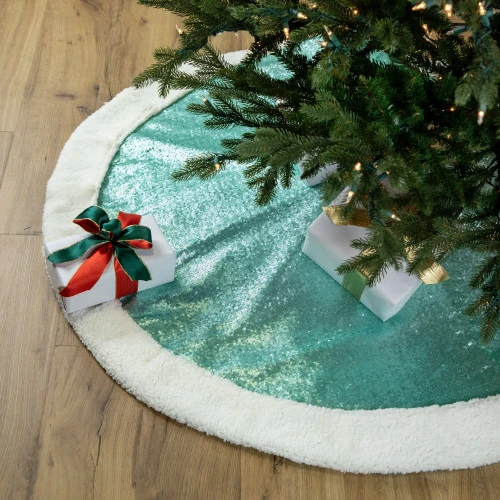 Northlight 47" Mint Green Sequins Christmas Tree Skirt With White High Pile Fleece Fur Trim 4 Northlight 47" Mint Green Sequins Christmas Tree Skirt With White High Pile Fleece Fur Trim - Image 2