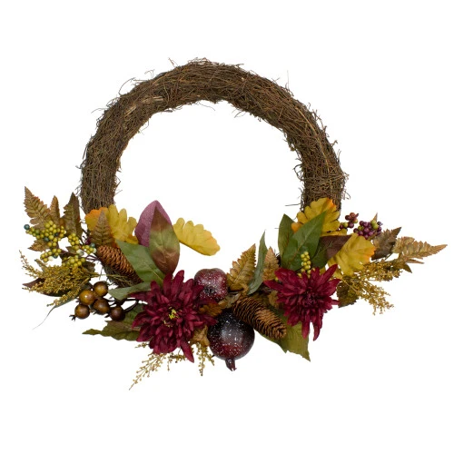 Northlight Mums And Pomegranates Artificial Floral Wreath, Red 20-Inch 3 Northlight Mums And Pomegranates Artificial Floral Wreath, Red 20-Inch