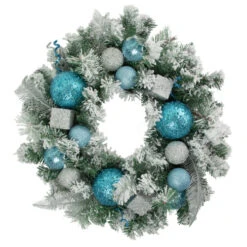 Northlight Flocked Pine With Teal And Silver Ornaments Artificial Christmas Wreath, 24-Inch, Unlit