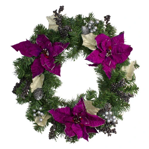 Northlight Purple Poinsettia And Silver Pine Cone Artificial Christmas Wreath - 24-Inch, Unlit 3 Northlight Purple Poinsettia And Silver Pine Cone Artificial Christmas Wreath - 24-Inch, Unlit