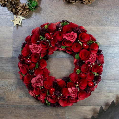 Northlight Red Wooden Rose And Berry Artificial Wreath, 13-Inch, Unlit 4 Northlight Red Wooden Rose And Berry Artificial Wreath, 13-Inch, Unlit - Image 2