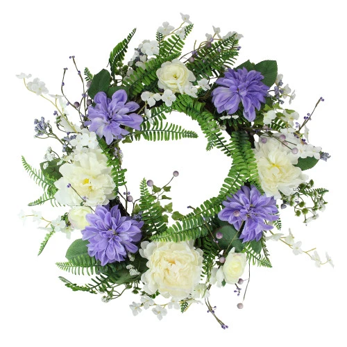 Northlight Daisy And Peony Foliage Twig Artificial Floral Wreath, Purple 22-Inch 3 Northlight Daisy And Peony Foliage Twig Artificial Floral Wreath, Purple 22-Inch