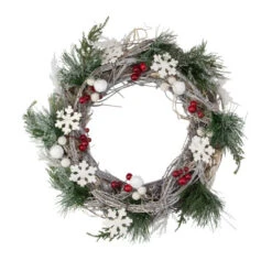 Northlight Snowflakes And Berries Winter Foliage Christmas Wreath, 24-Inch, Unlit