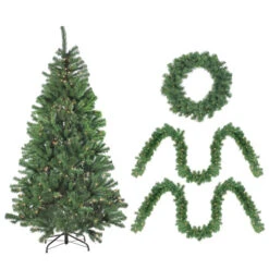 Northlight 4-Piece Artificial Winter Spruce Christmas Tree, Wreath And Garland Set 6.5' - Clear Lights