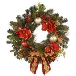 Decorated Artificial Christmas Wreath With Ornaments And Bows - 24-Inch, Unlit