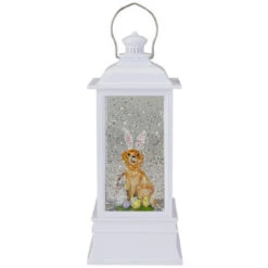 9" White Dog With Bunny Ears Easter Lighted Glittering Snow Dome Lantern